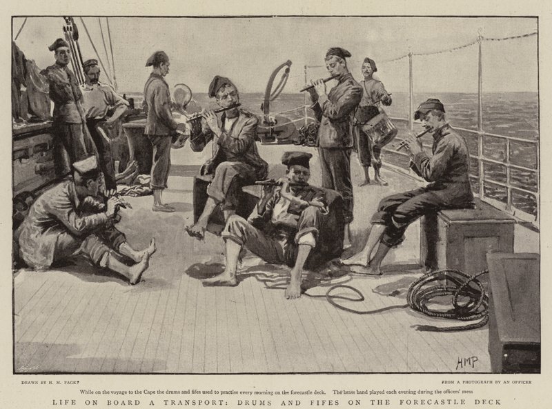 Leven aan boord van een transport, trommels en fluiten op het voordek door Henry Marriott Paget