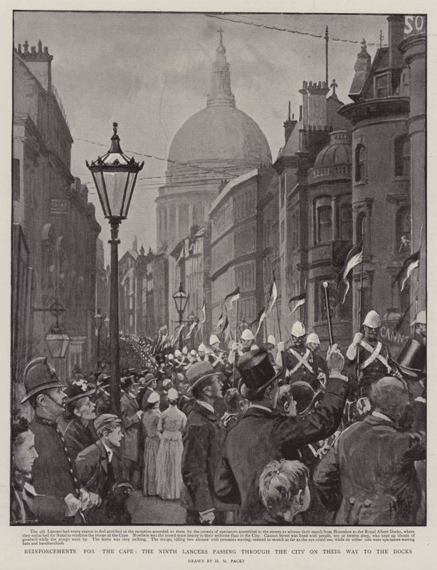 Versterkingen voor de Kaap, de Negende Lansiers die door de stad trekken op weg naar de dokken door Henry Marriott Paget