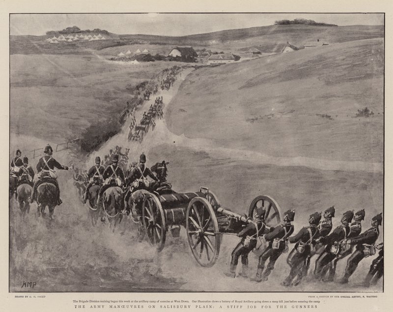 De legeroefeningen op Salisbury Plain, een zware klus voor de kanonniers door Henry Marriott Paget