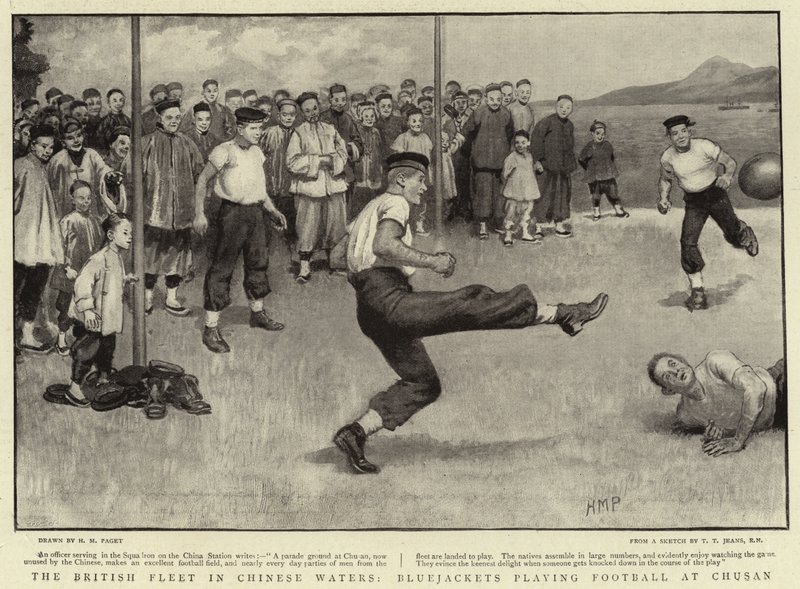De Britse vloot in Chinese wateren, matrozen spelen voetbal in Chusan door Henry Marriott Paget