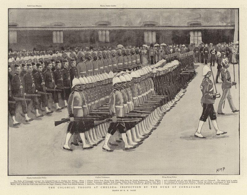 De Koloniale Troepen in Chelsea, Inspectie door de Hertog van Connaught door Henry Marriott Paget