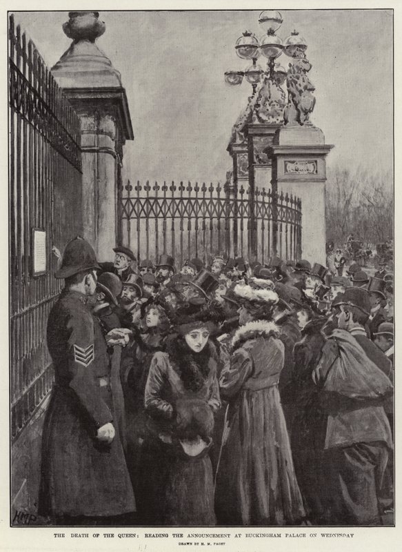 De dood van de koningin, het lezen van de aankondiging bij Buckingham Palace op woensdag door Henry Marriott Paget