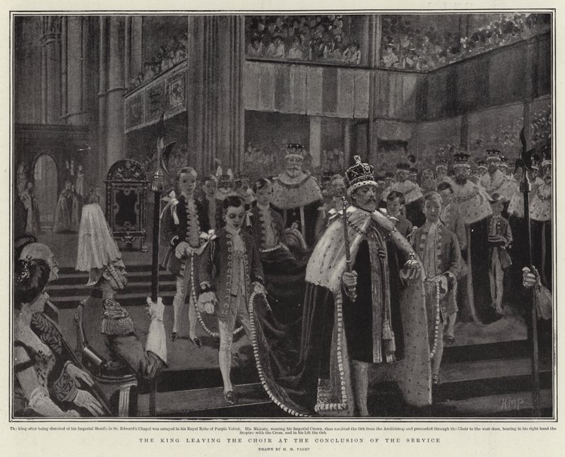 De koning verlaat het koor aan het einde van de dienst door Henry Marriott Paget