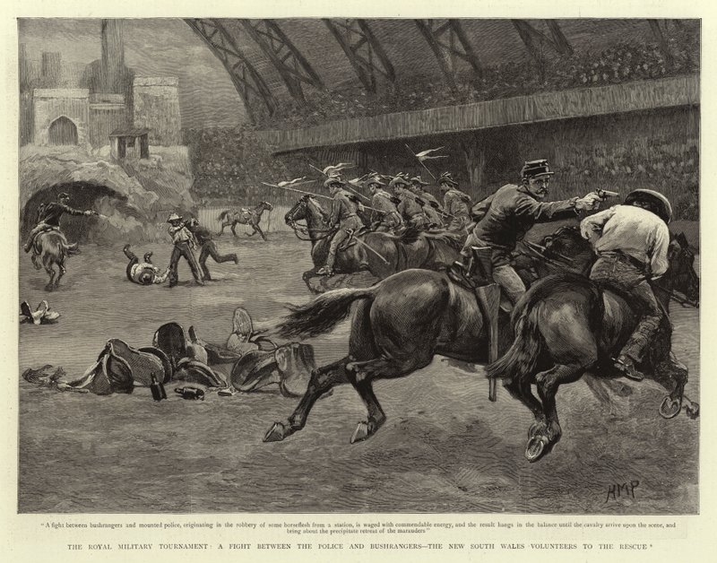 Het Koninklijk Militair Toernooi, een Gevecht tussen de Politie en Bushrangers, de Vrijwilligers van Nieuw-Zuid-Wales te Hulp door Henry Marriott Paget
