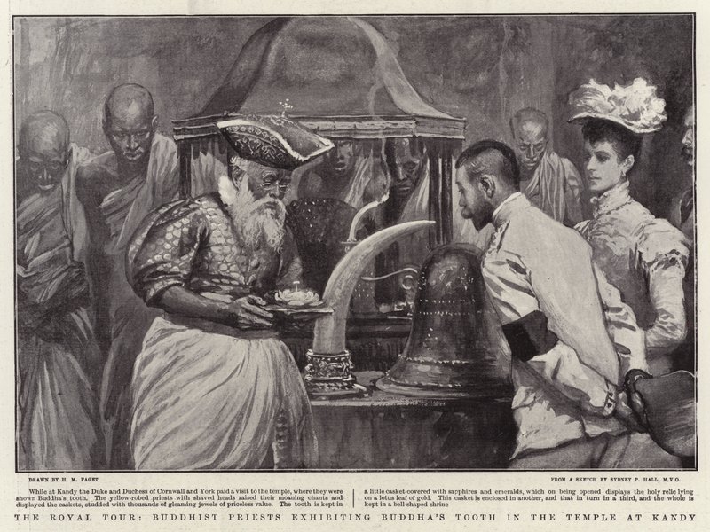 De koninklijke tour, boeddhistische priesters tonen de tand van Boeddha in de tempel in Kandy door Henry Marriott Paget