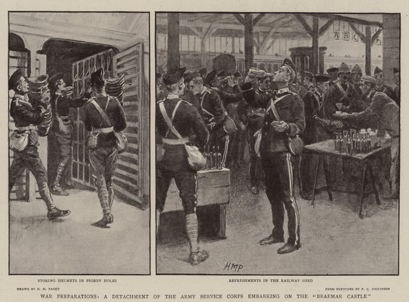 Oorlogsvoorbereidingen, een detachement van het Army Service Corps aan boord van de Braemar Castle door Henry Marriott Paget
