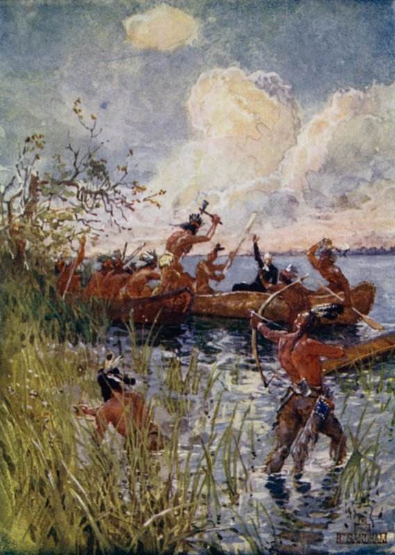 Iroquois die de Franse missionaris Isaac Jogues en christelijke bekeerlingen aanvallen, 1642 door Henry Sandham
