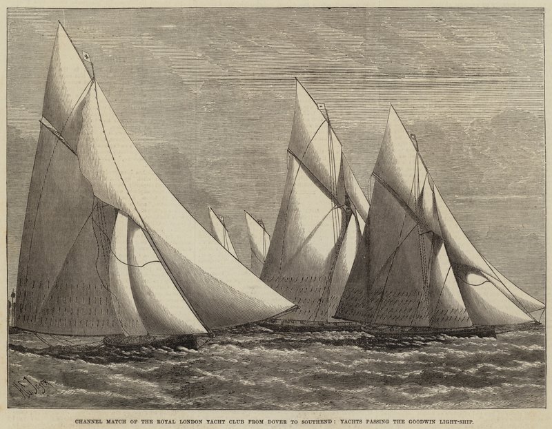 Kanaalwedstrijd van de Royal London Yacht Club van Dover naar Southend, Jachten passeren het Goodwin Lichtschip door Henry Spernon Tozer