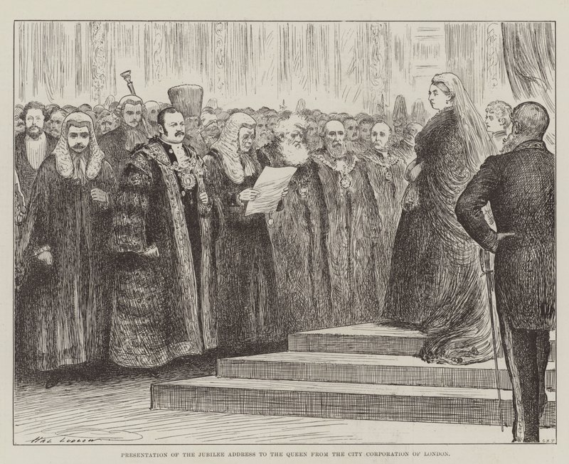 Overhandiging van het Jubileumadres aan de Koningin door de Stadsraad van Londen door Henry Stephen Ludlow