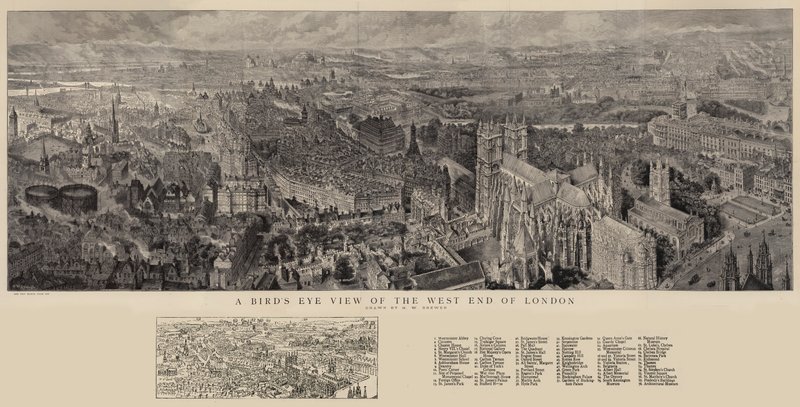 Een vogelvlucht van het West End van Londen door Henry William Brewer