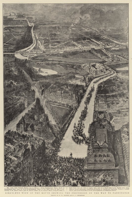 Vogelvlucht van de Route met de Processie op Weg naar Paddington door Henry William Brewer