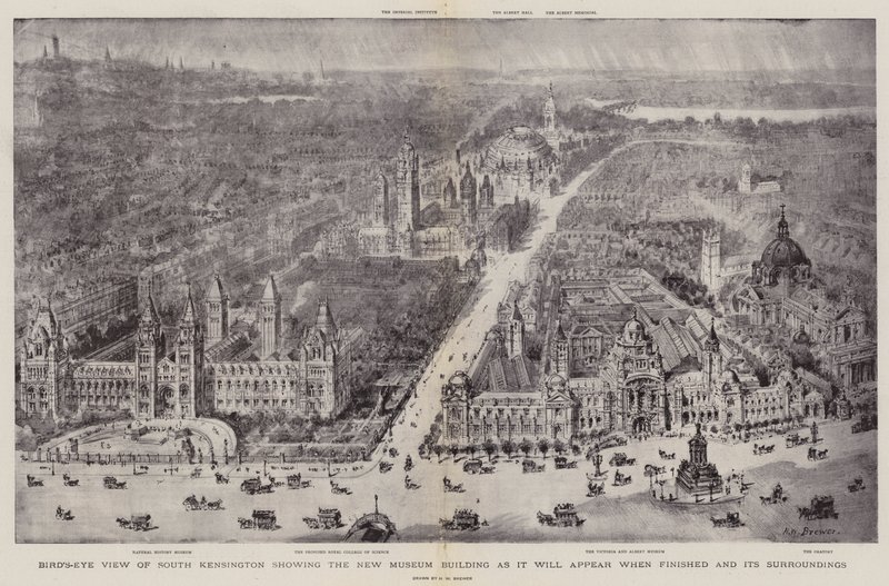 Vogelvlucht van South Kensington met het Nieuwe Museumgebouw zoals het eruit zal zien als het klaar is en de Omgeving door Henry William Brewer