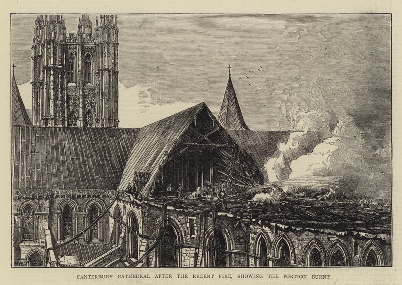 Canterbury Cathedral na de Recente Brand, met het Gedeelte dat verbrand is door Henry William Brewer