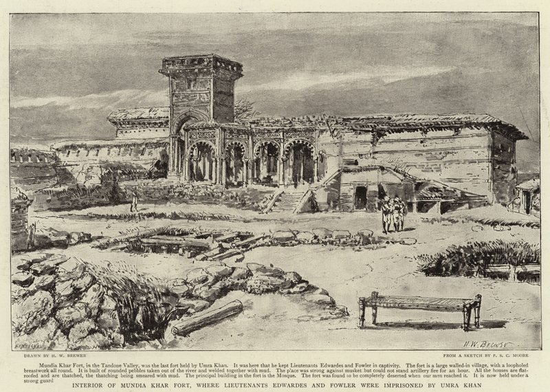 Interieur van Mundia Khar Fort, waar luitenants Edwardes en Fowler gevangen werden gehouden door Umra Khan door Henry William Brewer