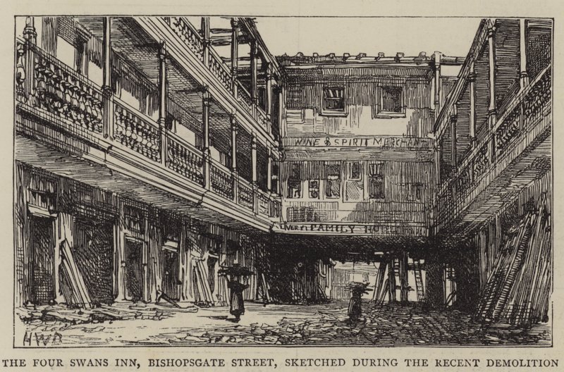 The Four Swans Inn, Bishopsgate Street, geschetst tijdens de recente sloop door Henry William Brewer
