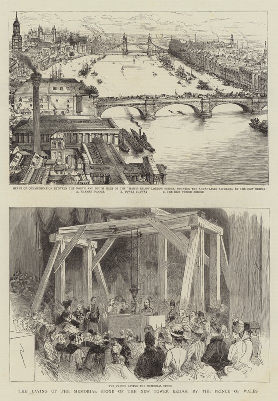 Het leggen van de gedenksteen van de nieuwe Tower Bridge door de Prins van Wales door Henry William Brewer