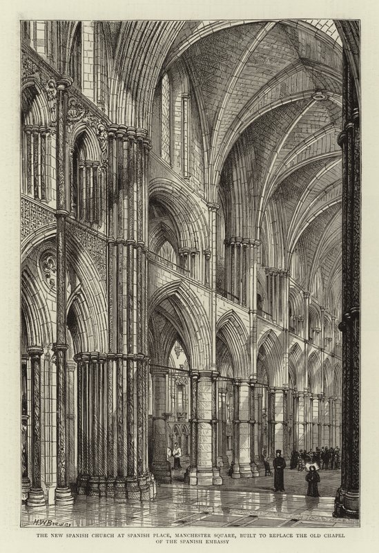 De Nieuwe Spaanse Kerk op Spanish Place, Manchester Square, gebouwd ter vervanging van de Oude Kapel van de Spaanse Ambassade door Henry William Brewer