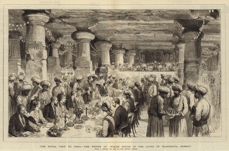 Het koninklijk bezoek aan India, de prins van Wales dineert in de grotten van Elephanta, Bombay door Henry William Brewer