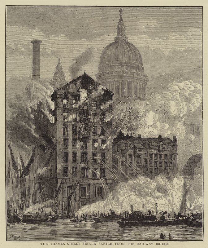 De Brand in Thames Street, een Schets vanaf de Spoorbrug door Henry William Brewer