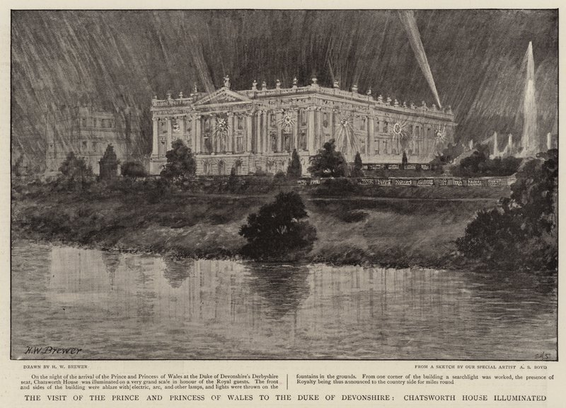 Het bezoek van de Prins en Prinses van Wales aan de Hertog van Devonshire, Chatsworth House verlicht door Henry William Brewer