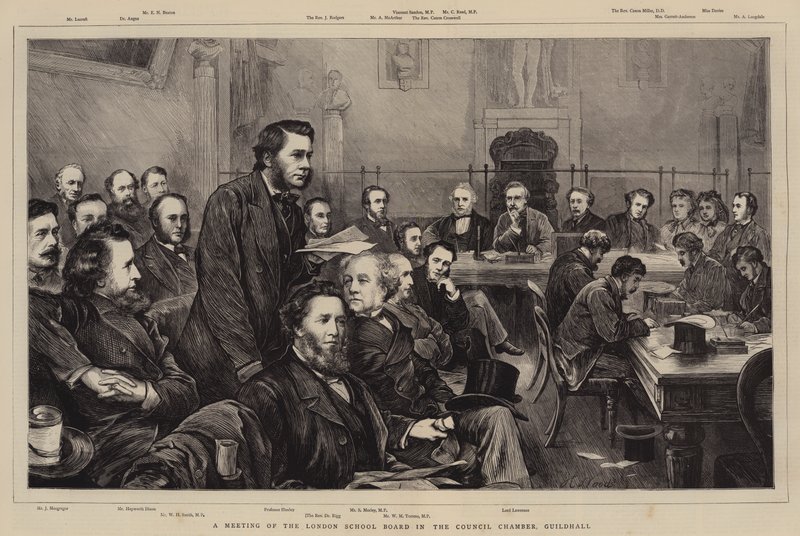 Een vergadering van de London School Board in de Raadzaal, Guildhall door Henry Woods