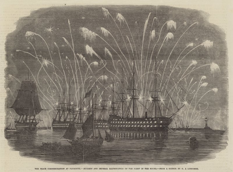De Vredesherdenking in Plymouth, Vuurwerk en Algemene Verlichting van de Vloot in de Sound door Henry A. Luscombe