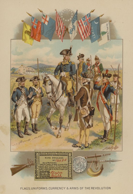 Vlaggen, uniformen, valuta en wapens van de Amerikaanse Revolutie (chromolitho) door Henry Alexander (after) Ogden