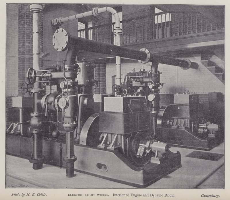 Interieur van machine- en dynamokamer, Electric Light Works, Canterbury, Kent door Henry Beauchamp Collis