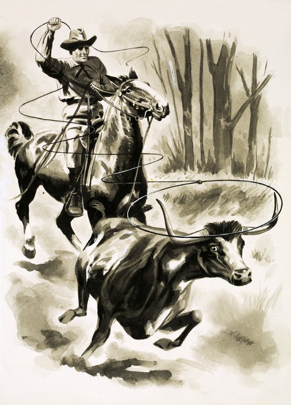 Een cowboy vangt een stier te paard met een lasso door Henry Charles Fox