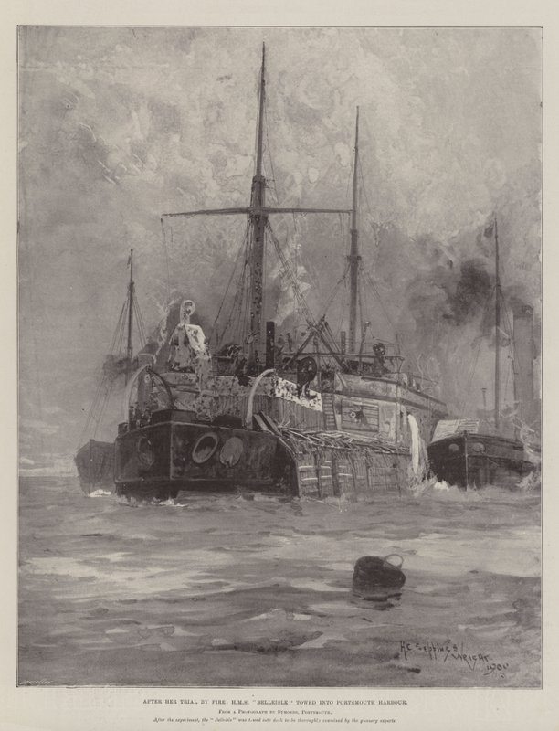 Na haar vuurproef, HMS Belleisle gesleept naar de haven van Portsmouth door Henry Charles Seppings Wright