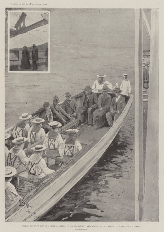 Cronje, zijn vrouw, zoon en staf overgebracht naar het transportschip Milwaukee in de gewapende sloep van HMS Doris door Henry Charles Seppings Wright