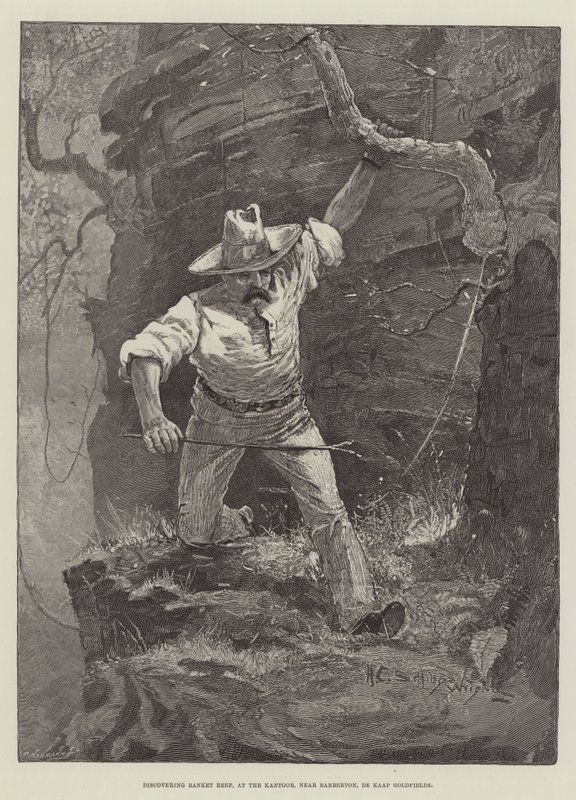 Ontdekking van Banket Reef, bij het Kantoor, nabij Barberton, De Kaap Goldfields door Henry Charles Seppings Wright