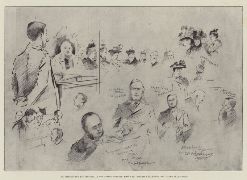 Dr. Jameson en zijn Officieren bij Bow Street, dinsdag 10 maart, Sergeant Drummond Hay onder Onderzoek door Henry Charles Seppings Wright