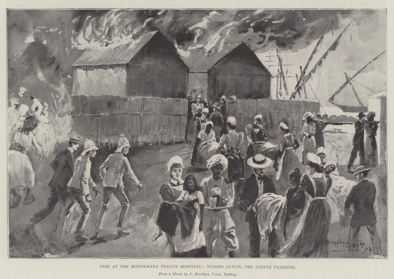 Brand in het Modykhana Pestziekenhuis, Verpleegsters redden de Inheemse Patiënten door Henry Charles Seppings Wright