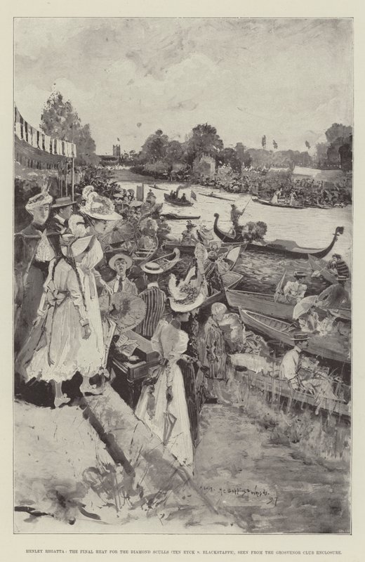 Henley Regatta, de finale heat voor de Diamond Sculls (Ten Eyck v Blackstaffe), gezien vanuit de Grosvenor Club Enclosure door Henry Charles Seppings Wright