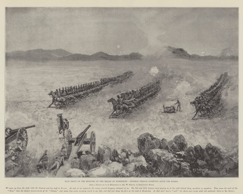 Klip Drift op de ochtend van de bevrijding van Kimberley, Generaal French veegt de vijand opzij door Henry Charles Seppings Wright
