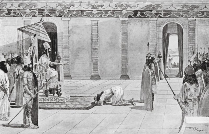 Nabonidus geeft instructies aan Belshazzar door Henry Charles Seppings Wright