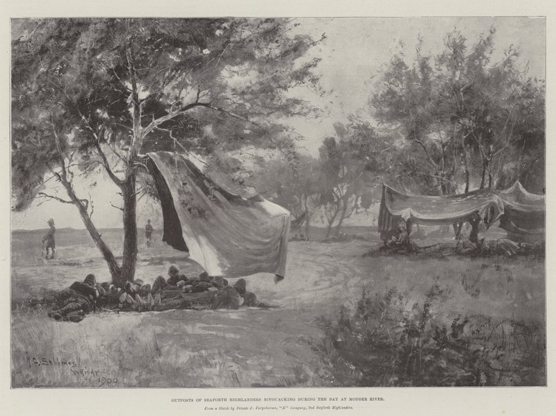 Voorposten van Seaforth Highlanders bivakkeren overdag bij de Modderrivier door Henry Charles Seppings Wright