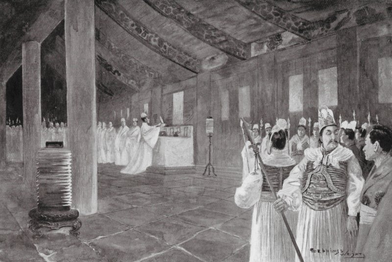 Een tablet verwijderen uit een Confuciaanse tempel door Henry Charles Seppings Wright