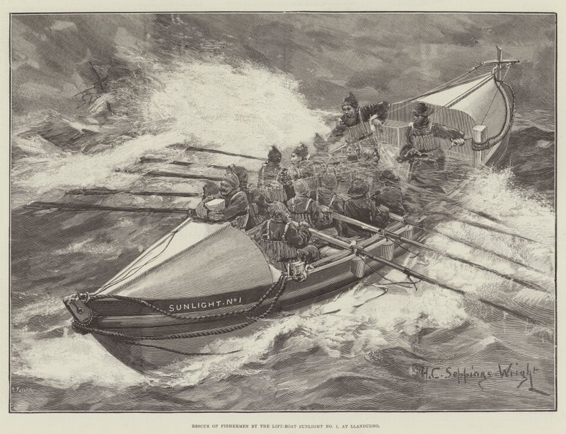 Redding van Vissers door de Reddingsboot Sunlight No 1, bij Llandudno door Henry Charles Seppings Wright