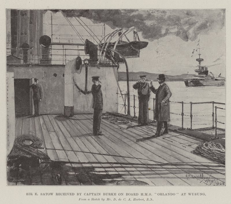 Sir E Satow ontvangen door Kapitein Burke aan boord van HMS Orlando in Wusung door Henry Charles Seppings Wright