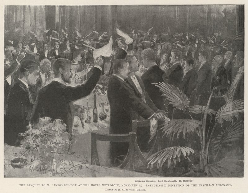 Het banket voor M Santos Dumont in het Hotel Metropole, 25 november, enthousiaste ontvangst van de Braziliaanse luchtvaartpionier door Henry Charles Seppings Wright