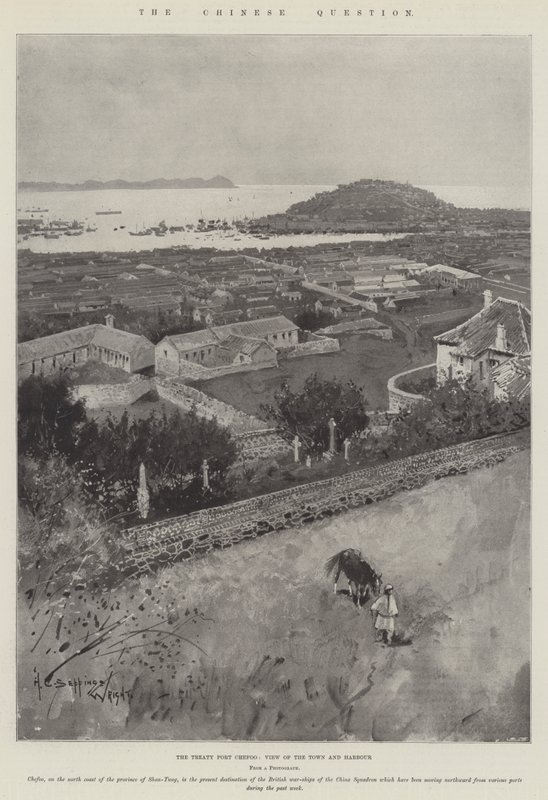 De Chinese kwestie, de verdragshaven Chefoo, uitzicht op de stad en haven door Henry Charles Seppings Wright
