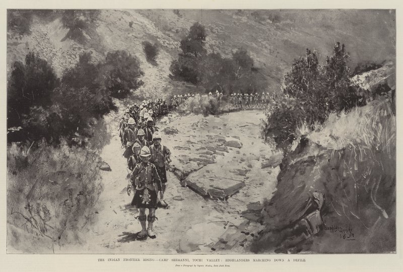 De opstand aan de Indiase grens, Kamp Sheranni, Tochi-vallei, Hooglanders marcheren door een kloof door Henry Charles Seppings Wright