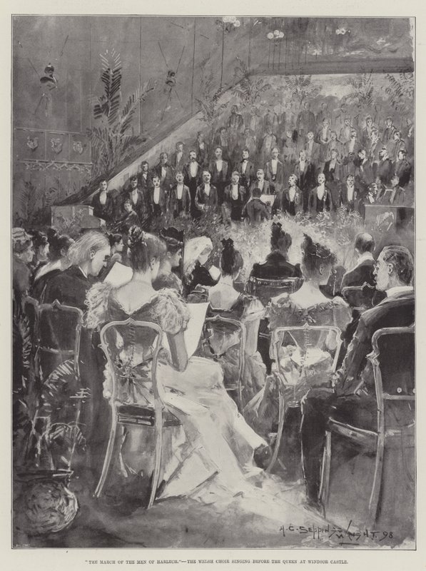 De Mars van de Mannen van Harlech, het Welshe Koor Zingt voor de Koningin in Windsor Castle door Henry Charles Seppings Wright