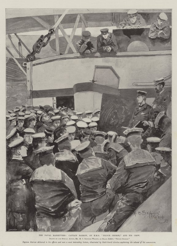 De marine manoeuvres, kapitein Barrow, van HMS Prince George, en zijn bemanning door Henry Charles Seppings Wright
