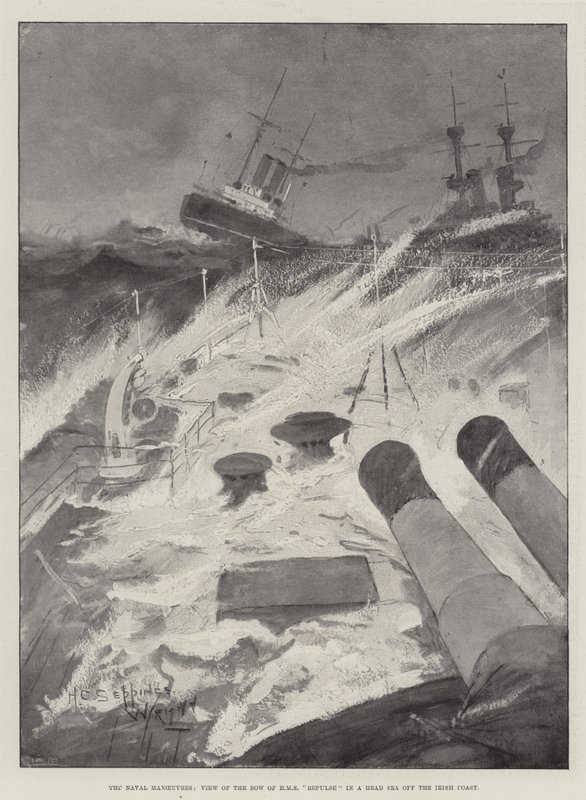 De Marine Manoeuvres, Uitzicht op de Boeg van HMS Repulse in een Kopzee voor de Ierse Kust door Henry Charles Seppings Wright