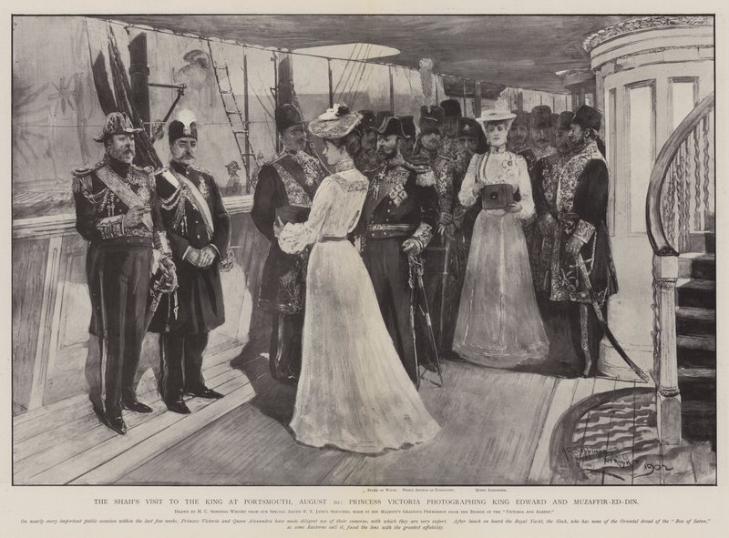 Het Bezoek van de Sjah aan de Koning in Portsmouth, 20 augustus, Prinses Victoria fotografeert Koning Edward en Muzaffir-ed-Din door Henry Charles Seppings Wright