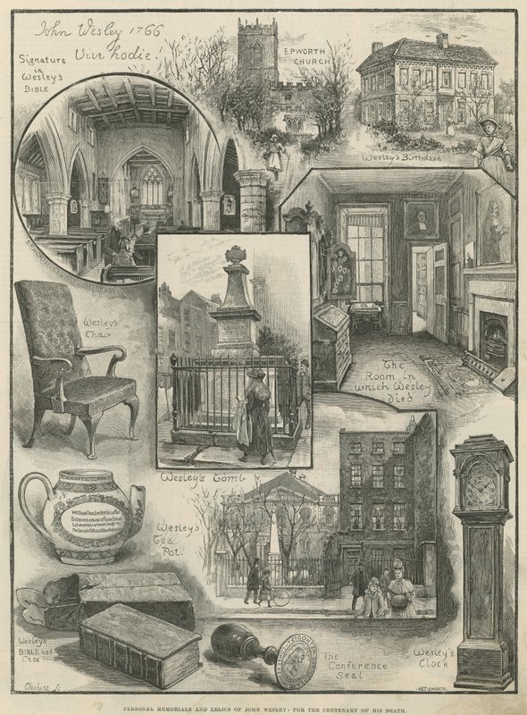 Persoonlijke gedenktekens en relikwieën van John Wesley voor de eeuwherdenking van zijn dood (gravure) door Henry Edward Tidmarsh