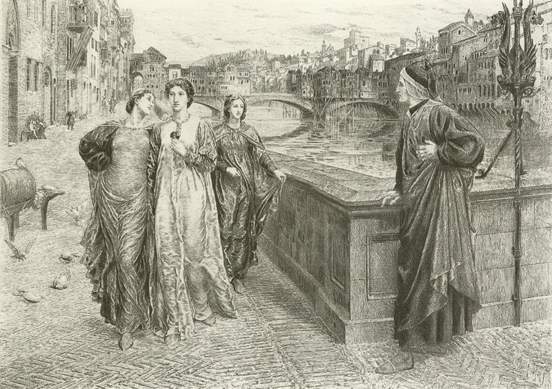 De eerste ontmoeting van Dante en Beatrice (gravure) door Henry Holiday